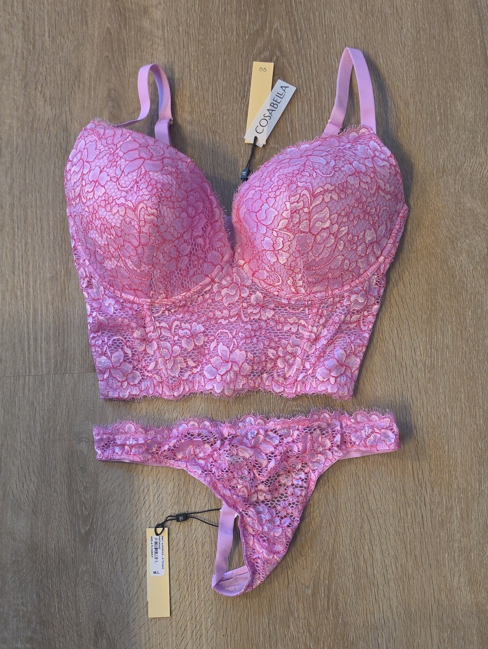 NWT SET Cosabella Pink Lace Longline Bra 34F & Thong M/L Set